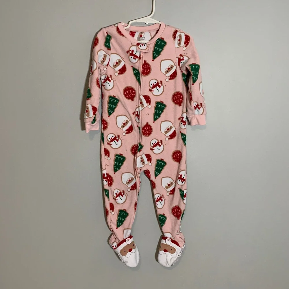 5/$25 Carters Child of Mine Pink Christmas Santa Snowman Tree Footie Pajamas 2T‎